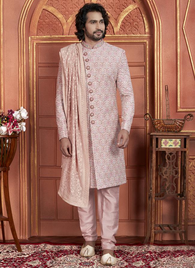 Art Silk Pink Wedding Wear Embroidery Work Readymade Groom Sherwani